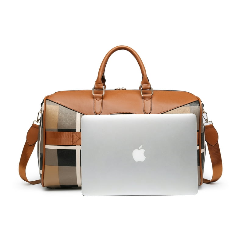 Poppy Plaid Check Travel Duffel Bags for Men & Women PU Leather Overnight Handbag Large Weekender Shoulder Bag, Women's