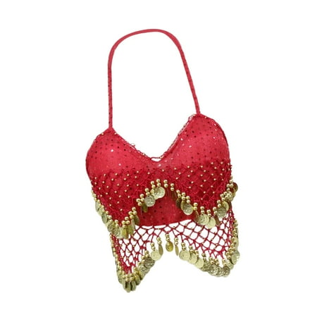 APLVFFZH Sequin Crop Top Belly Dance Costume Outfits Shimmer Bra Tops Tank Top Dance Wear Red