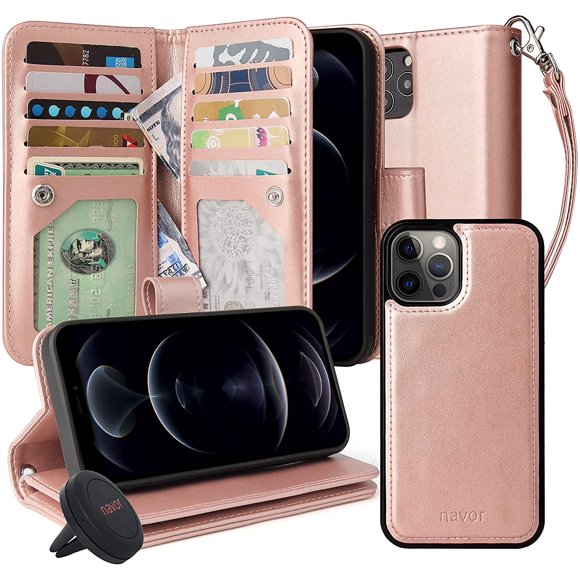 navor Étui Universel pour Voiture & Portefeuille Détachable Magnétique [Protection RFID] [10 Poches de Cartes] [3 Poches d'Argent] Compatible pour iPhone 12 Pro [6.1 Pouces] JOOT-3L Série [Or Rosé]