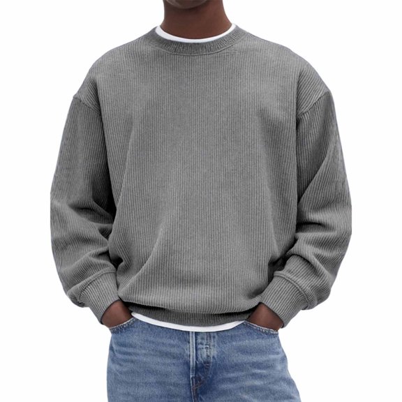 Bosfbaoi Men's Fashion Casual Loose Top Solid Color Corduroy Crew Neck Sweatshirt Long Sleeve Warm Soft Comfortable Everyday Wear Top