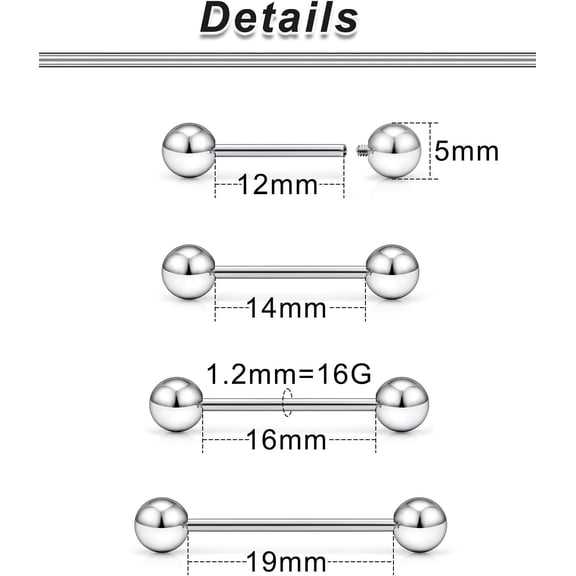 GHRTGR-16G 14G 12G Titanium Tongue Rings Nipple Piercing Jewelry Externally/Internally Threaded G23 Hypaollergenic Nipple Tongue Barbells Piercing Jewelry for Women Men 12mm 14mm 16mm 19mm Bars