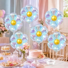 Iridescent Daisy Balloons, 6 Pcs 19 Inch Transparent Foil Balloons | Rainbow Holographic Daisy Balloons for Birthday, Wedding, Baby Shower, Bridal Shower and Spring Party Decorations