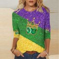 thumbnail image 1 of Tejiojio Mardi Gras Shirts for Women Patch Print 3/4 Sleeve Tops Carnival Party Tshirt Casual Crewneck Blouse, 1 of 5