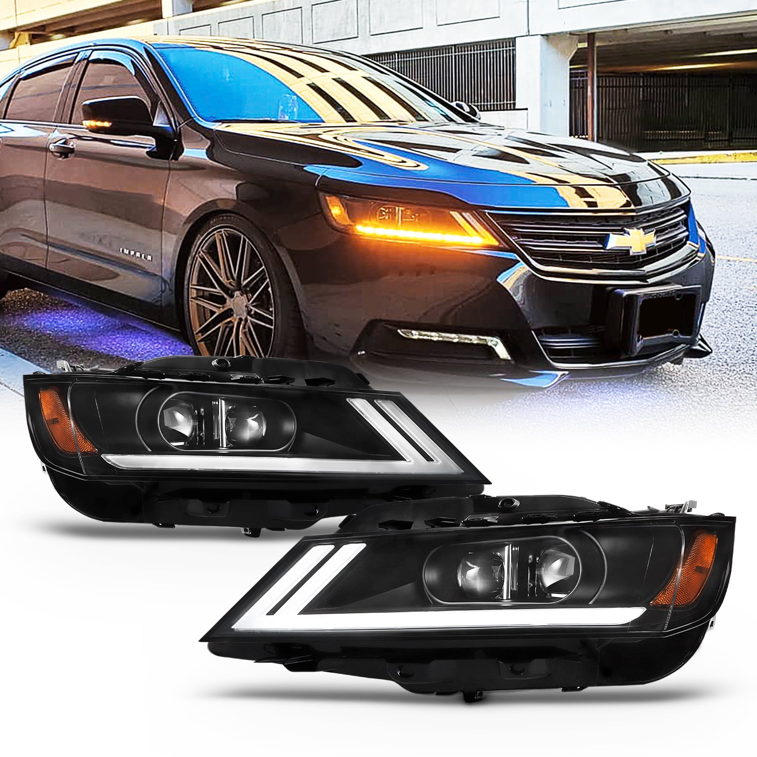 LED DRL SWITCHBACK] For 2014-2020 Chevy Impala Black Projector Headlight  Lamp