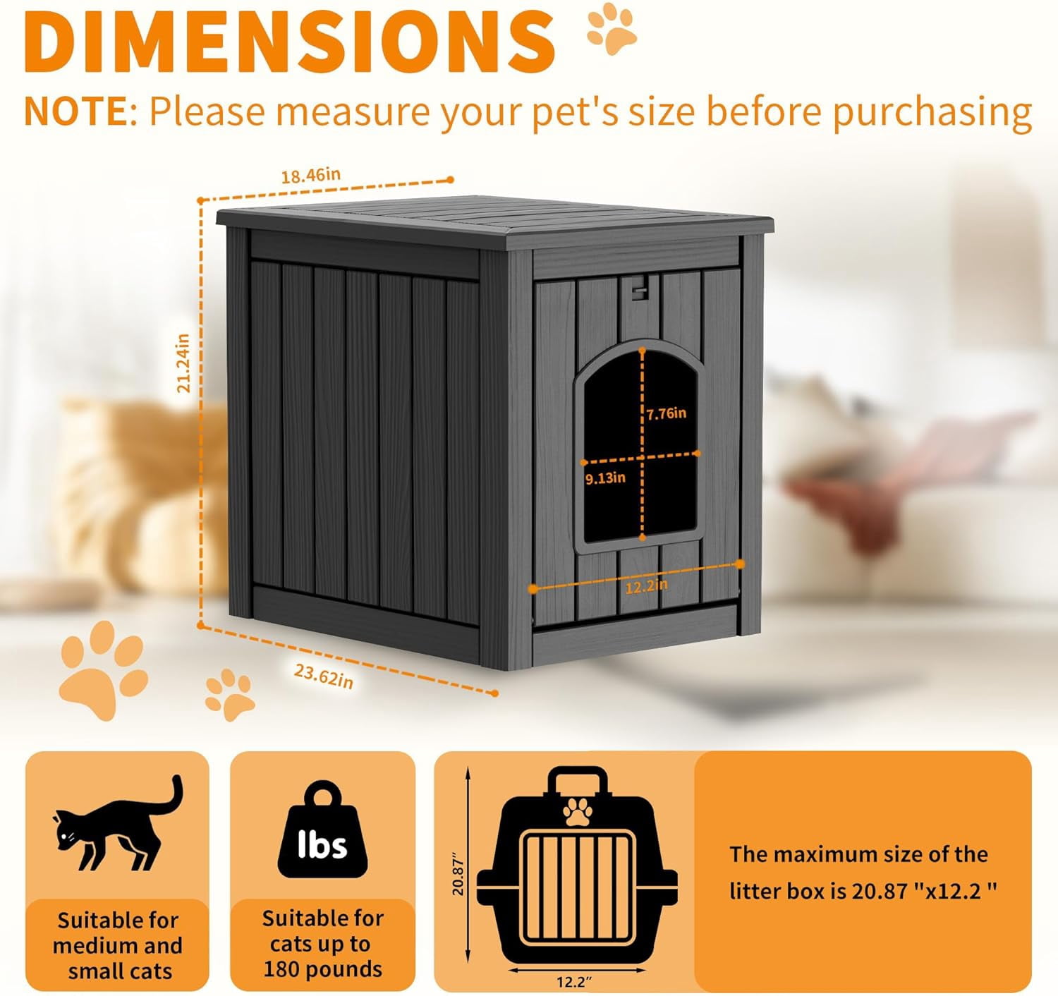 Favory Hidden Cat Litter Box Enclosure Furniture, Indoor Outdoor Cat House Side Table with Openable Door & Raised Floor, Easy Clean Assemble, Black