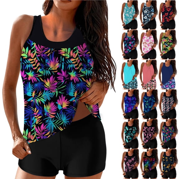 WNYEIME Womens Tankini Bathing Suits Trendy Ruched Blouson Swim Tank Top with Shorts Fashion Beach Vacation Boho Floral Print Summer Bathing Suits Multicolor#03 M