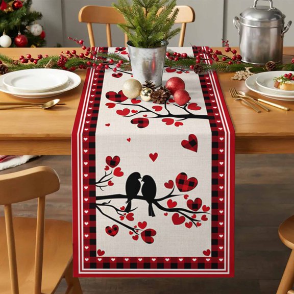 Table Runner 72 Inches Long - Valentines Day Bird Lover on Love Heart Tree Decorative Table Scarf, Retro Checker and Linen Dining Table Runners for Wedding Party Kitchen Dining Tables