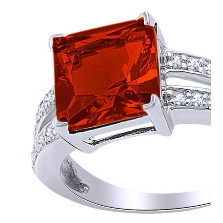 Princess Cut Garnet Ring Princess Cut Red Simulated Garnet & White Cubic Zirconia Cocktail Ring in 14k White Gold Over Sterling Silver Ring Size - 4 ()