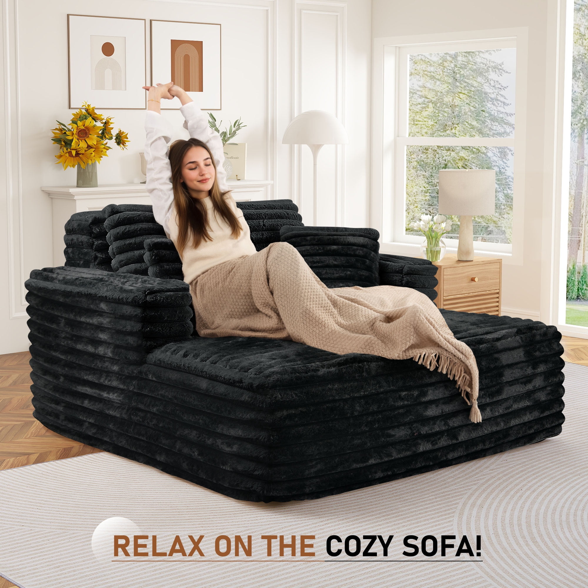 Muumblus Oversized Chaise Lounge Chair Indoor Furniture, No Assembly Required, Plush Corduroy Upholstered Sofa Bed Cozy Sleeper Couch for Living Room, Bedroom, Black