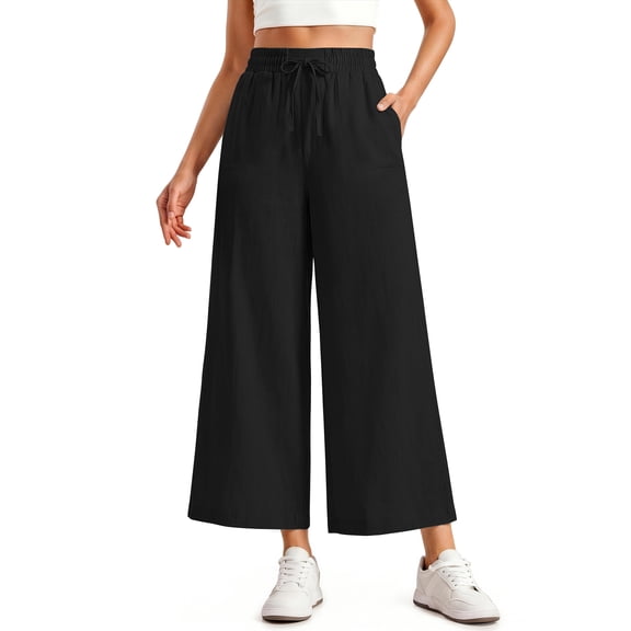 MOSHU Womens Capri Pants Summer Wide Leg Pants for Women Drawstring Casual Palazzo Trousers with Pockets