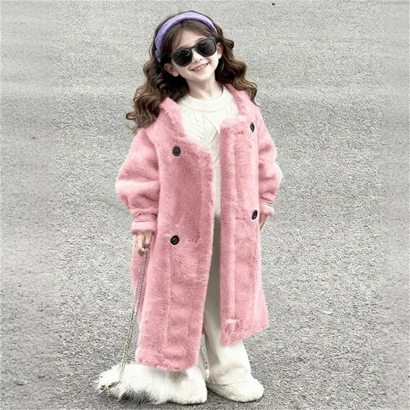 BRGZLK Girls Faux Fur Coat Kids Fluffy Long Sleeve Hooded Button Down Jacket Winter Daily Wear Outwear with Pockets Pink 9-10 Years