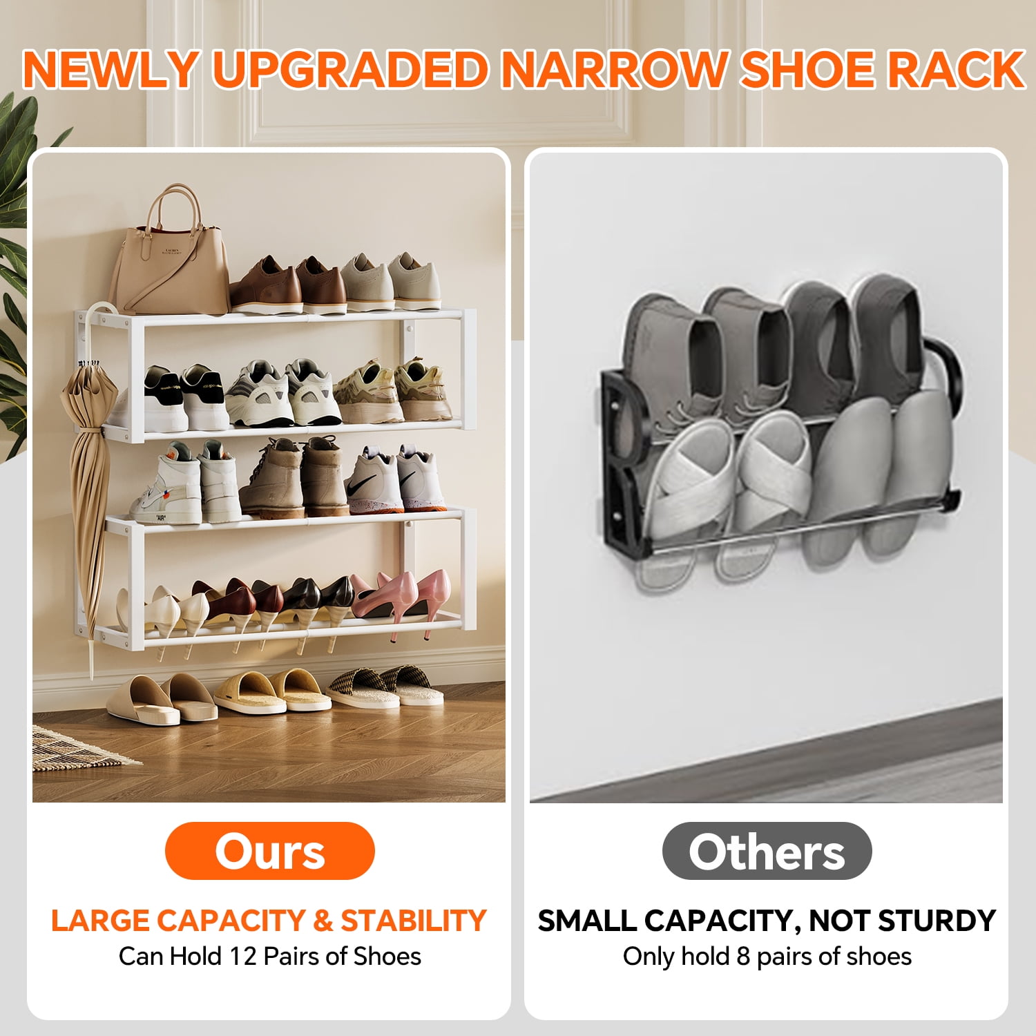Hanging Shoe Organizer,2 Pack Wall Mounted Shoe Rack Holds 12 Pairs,Space Saving Metal Wall Shoe Rack,Hanging Shoe Rack Shoe Holder for Small Space,Entryway,Closet,RV,Camper（Sliver)