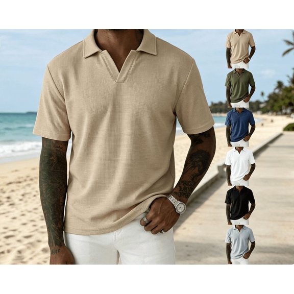 Mens Polo Shirts Short Sleeve Ice Silk Waffle Textured Knit V Neck Shirt Casual Golf Shirts Stylish Old Money Tops for Beach & Vacation Wear Big and Tall Size S-3XL White
