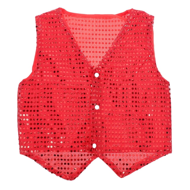 ColoMX Chaleco de baile brillante para niños, disfraz de hip hop, jazz, baile, lentejuelas rojas, adecuado para niños y niñas de 130 cm de altura.
