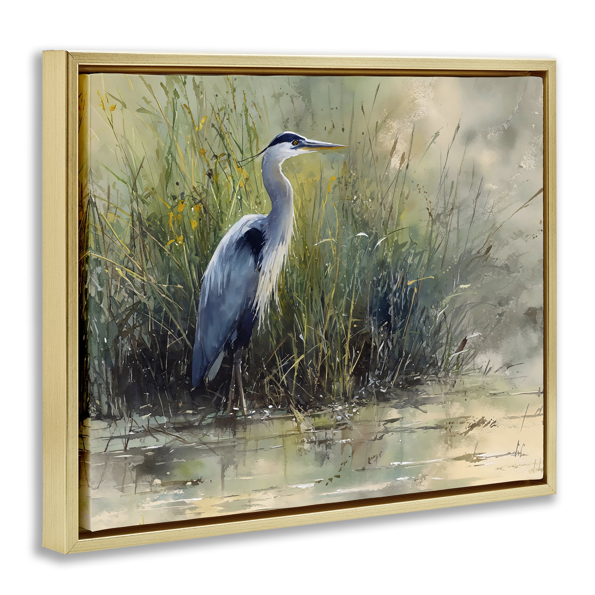 Stupell Industries Heron In The Grass Gold Framed Floater Canvas Wall Art, design by Franklyn Gregory