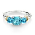 thumbnail image 2 of Gem Stone King 925 Sterling Silver and 10K Yellow Gold Swiss Blue Topaz 3 Stone Engagement Ring for Women (1.84 Cttw, Cushion Checkerboard Cut 6MM and 4MM, Available in Size 5, 6, 7, 8, 9), 2 of 4