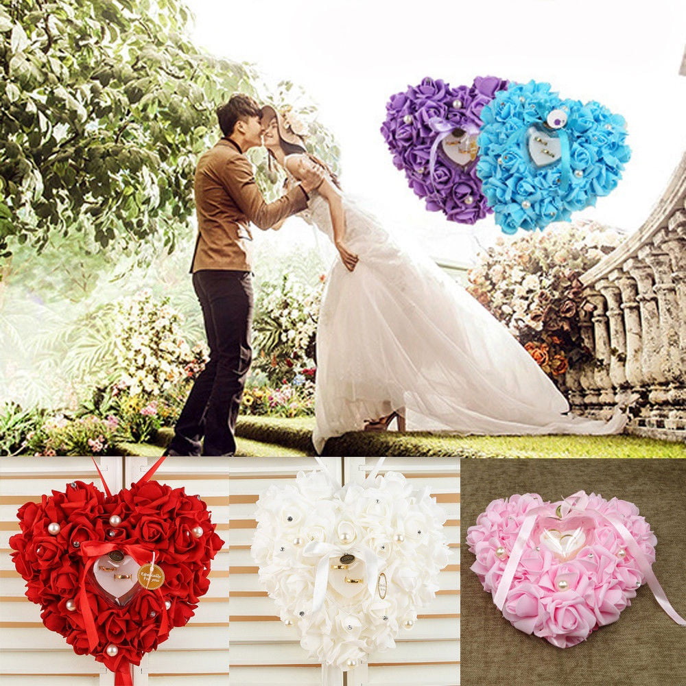 Rose Wedding Favors Heart Shape Rhinestone Gift Ring Bearer Pillow Box Cushion 