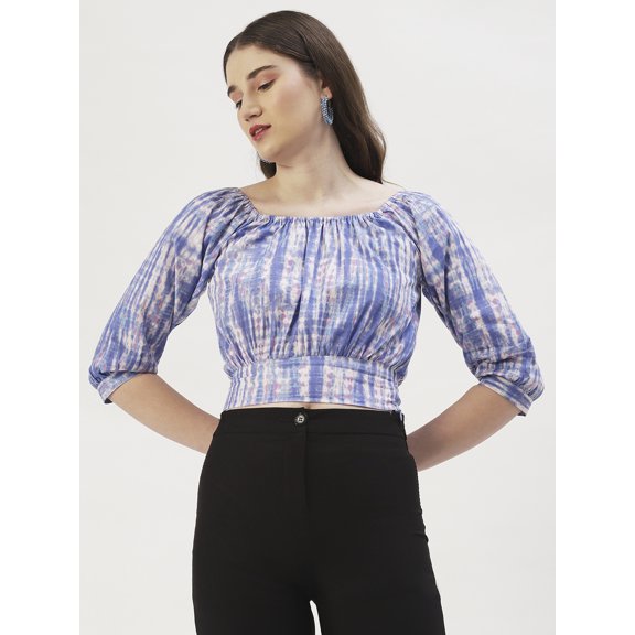 DressBerry Women's Printed Cotton Poplin 3/4th Sleeves Crop Top Round Elasticated Neck Partywear Back Ribbon Ties Casual&nbsp;Summer Wear Above Waist Regular Short Top