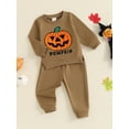 thumbnail image 3 of Suealasg Toddler Boys Halloween Clothes 6M 1T 2T 3T 4T Long Sleeve Embroidery Pumpkin Sweatshirt Sweatpants 2Pcs Kids Baby Boys Halloween Outfits, 3 of 7