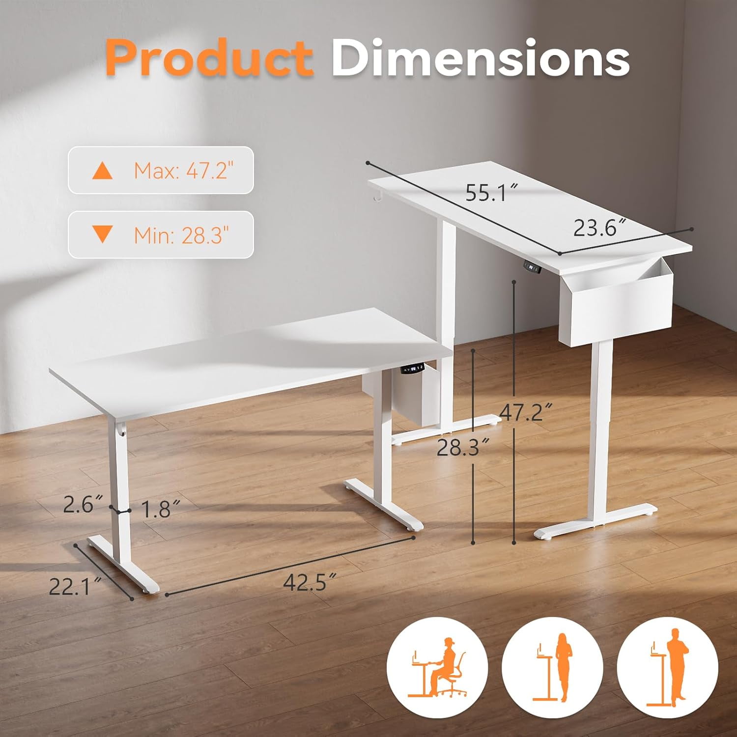 Furologee Electric Standing Desk, Sit to Stand Up Computer Desk with Storage Bag, Height Adjustable, Memory Presets for Home Office Gaming Workstations, 55 x 24 inch Study Table, White