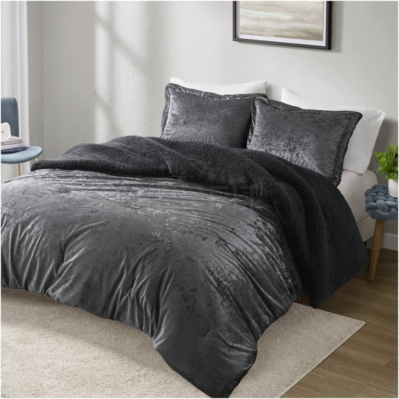 JERFIT Reversible Crushed Velvet and Sherpa Comforter Set, Full/Queen 3-Piece - Charcoal Grey, Ultra Soft & Hypoallergenic