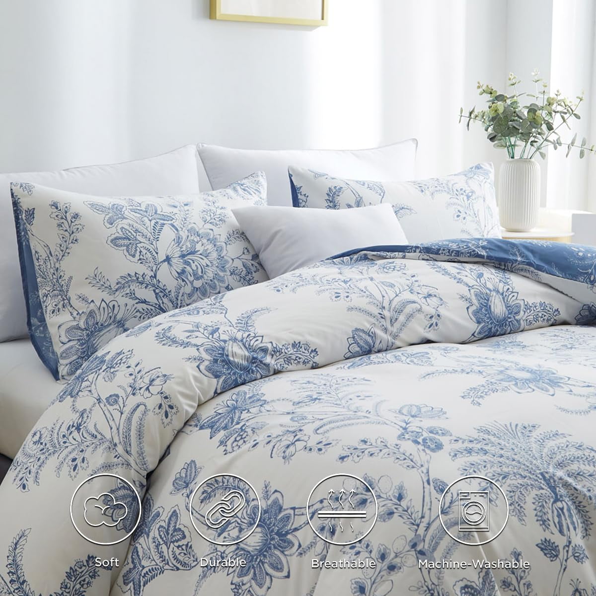 JOLUSERE Blue White Floral Leaves Queen Comforter Sets, 3 Pieces Botanical Plants Reversible Bedding Sets for Adults