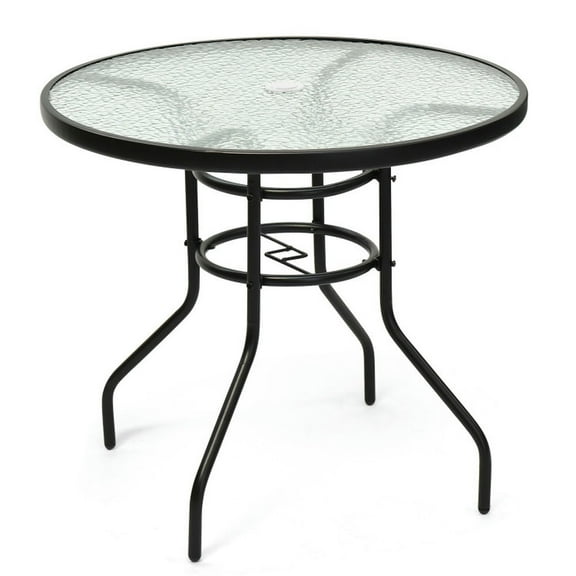 GVN Outdoor Dining Table,32 Inch Patio Tempered Glass Steel Frame Round Table with Convenient Umbrella Hole