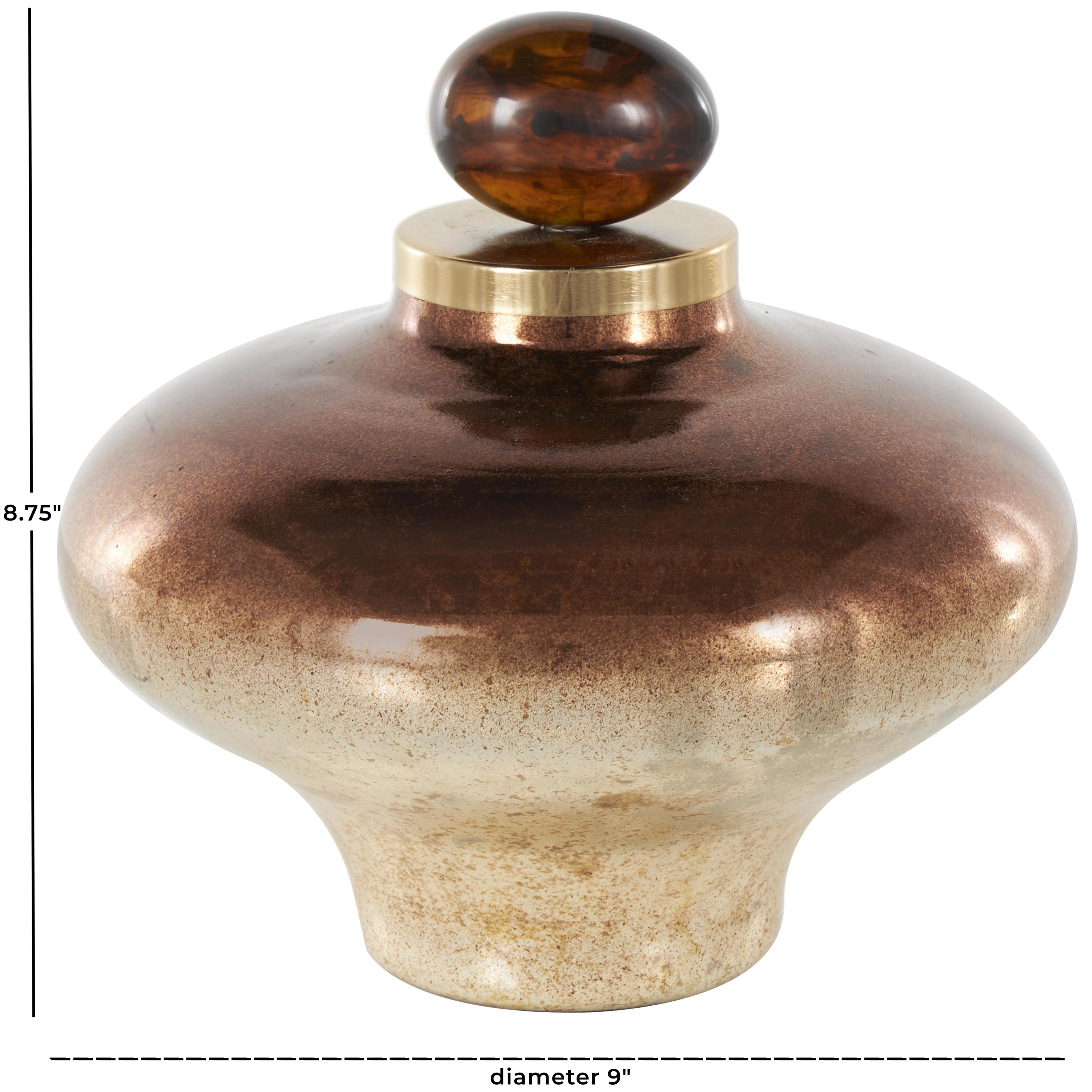 DecMode 9" x 9" Copper Glass Wide Speckled Ombre Decorative Jars with Oval Top Knob and Gold and Beige Accents, 1-Piece