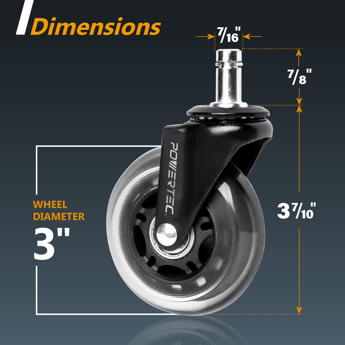 POWERTEC Office Chair Casters Set of 5 | 3" Heavy Duty & Non Marring Wheels Safe for All Floors Including Hardwood (17101)