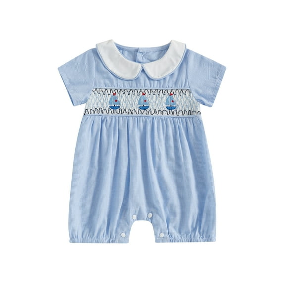 Rovasas Girl Sailboat Embroidered Jumpsuit Short Sleeve Doll Collar Romper