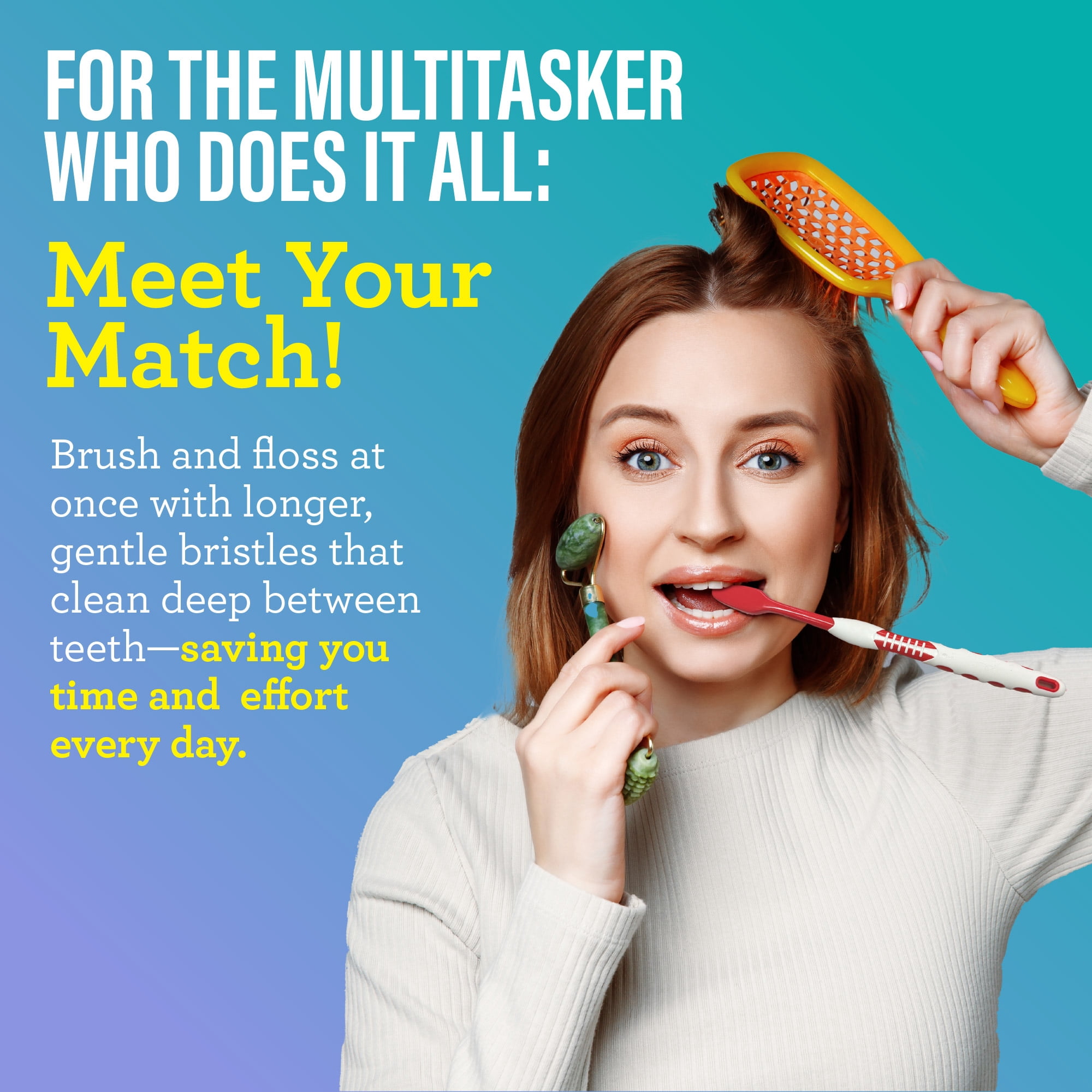 GuruNanda Floss Fusion Toothbrush, Dual Action Flossing Bristles, BPA & PFAS-Free, 2 Count