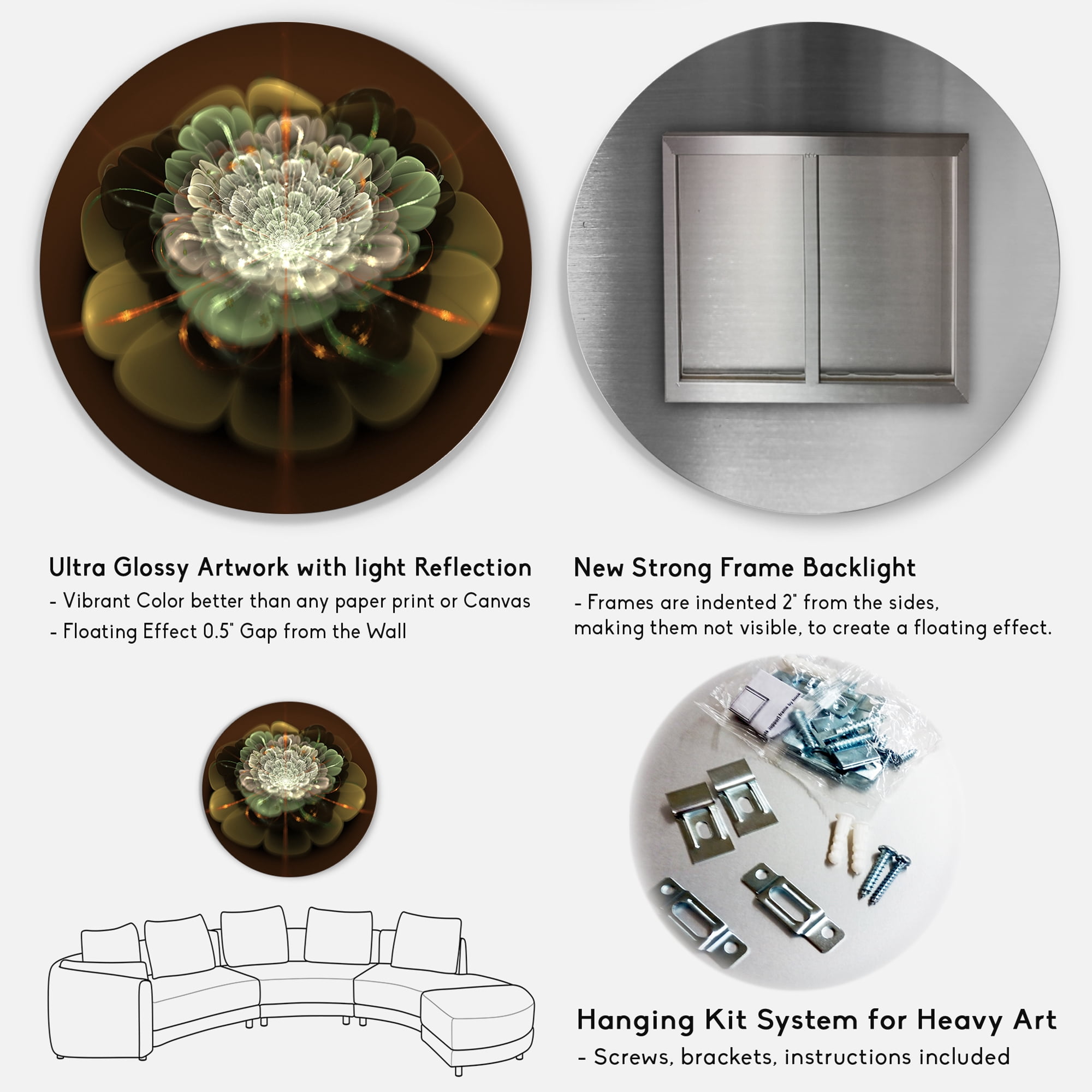 Designart 'White Fractal Flower on Brown' Disc Flower Artwork on Large Metal Circle Wall Art