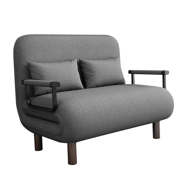 sofá cama plegable,sofá cama plegable con respaldo adultos,sillón interior con asientos plegables en el suelo,asiento de piso con respaldo silla para juegos de piso,sillón reclinable de gris Sofá cama plegable gris, vista frontal 3/4 con respaldo alto y dos cojines; tapizado en lino de algodón con relleno de esponja, reposabrazos metálicos negros y patas cilíndricas de madera. Diseño de ahorro de espacio con respaldo ajustable de 5 niveles; tamaño almacenado 100×68×85 cm, desplegado 190×100×28 cm; ideal para lectura, juegos o dormir.