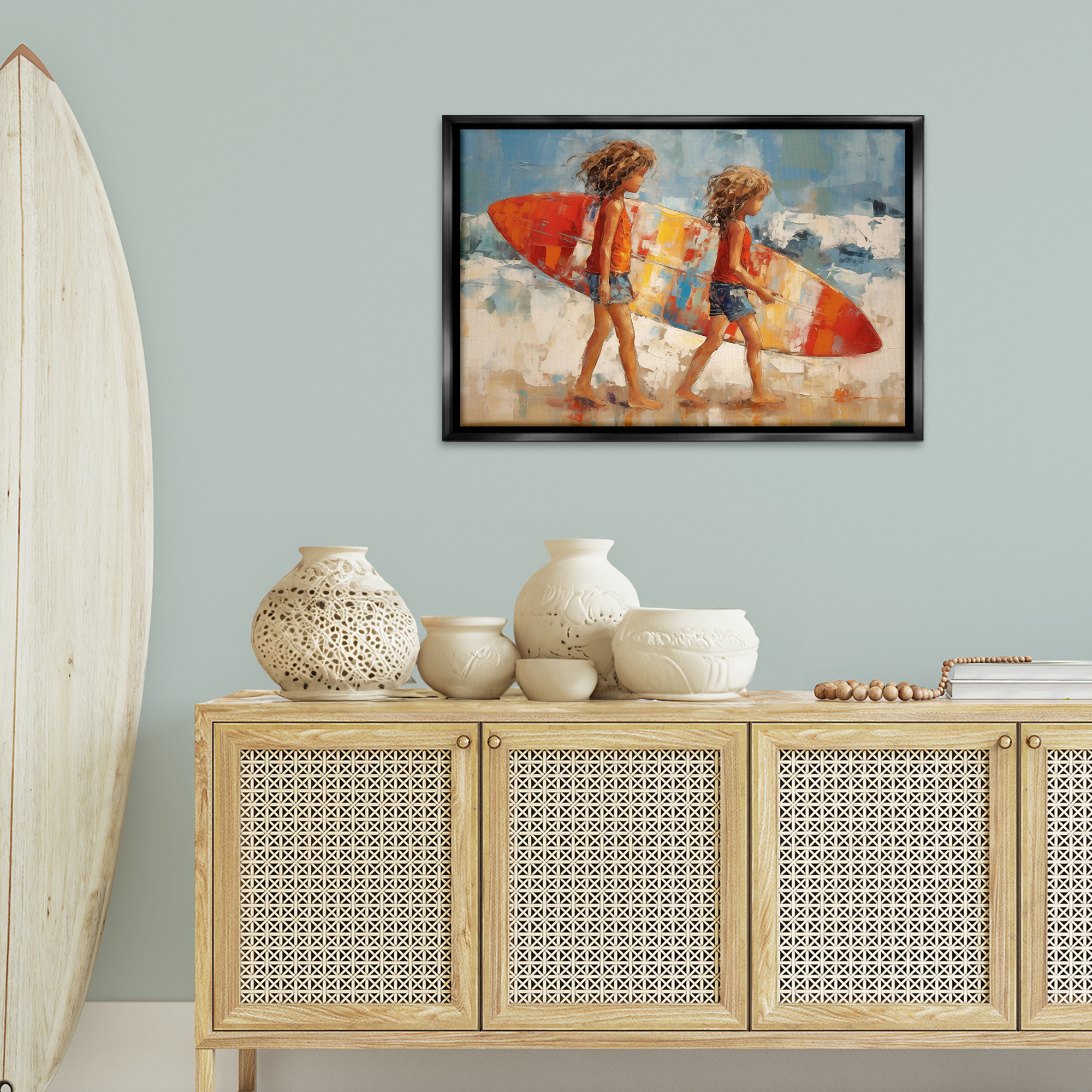 Stupell Industries Kids with Surfboard Sports Painting Black Floater Framed Canvas Art Print Wall Art, 31 x 21