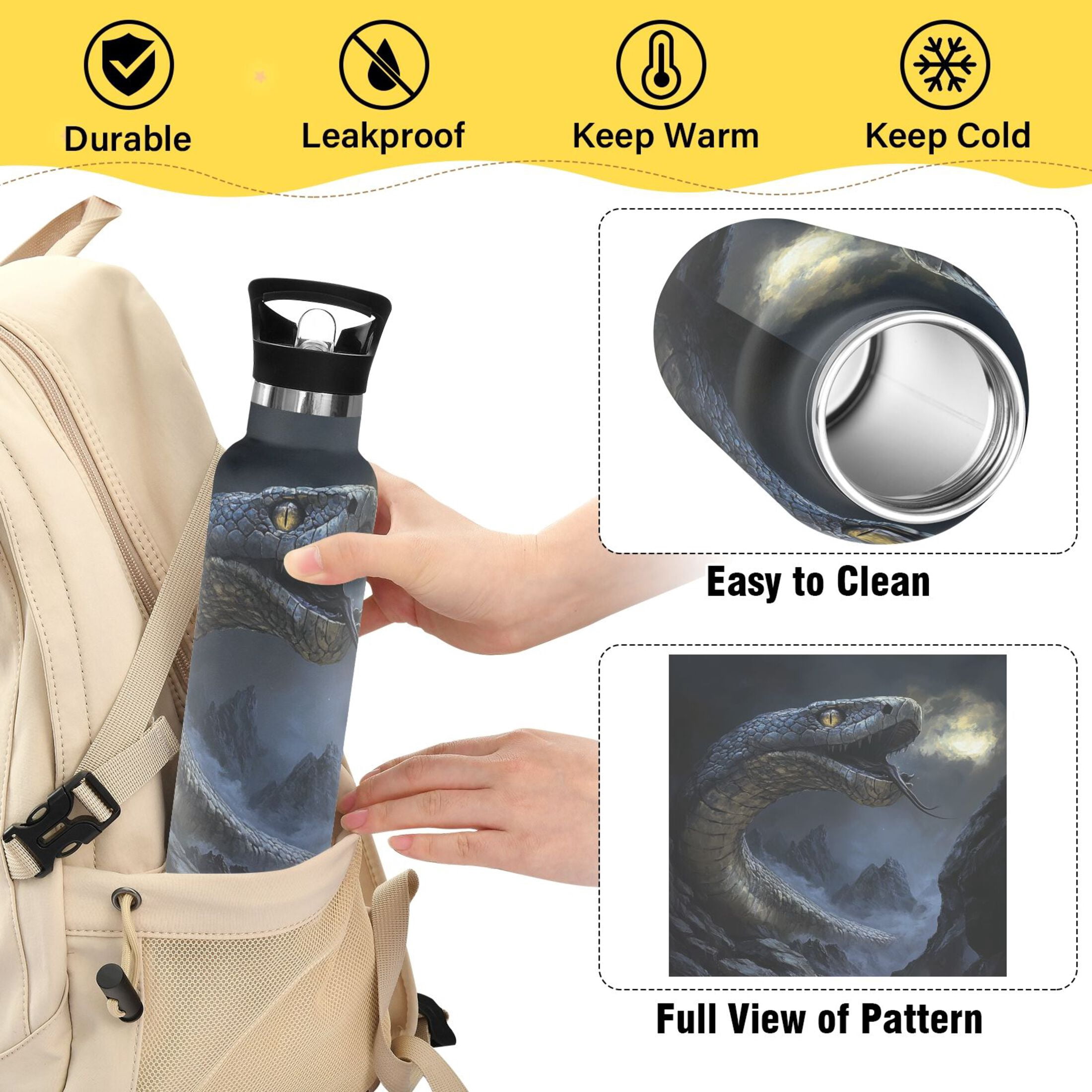 Kids Insulated Stainless Steel Sports Water Bottle 600ml (20oz) Giant Snake