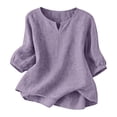thumbnail image 5 of Notch Neck Puff Bubble 3/4 Sleeve Cotton Linen Blouse for Women Loose Fit Dressy Casual Muslin Shirt Lightweight Breathable Relaxed Fit Tunic Shirt Casual Summer Basic Linen Shirts Light Violet L, 5 of 9