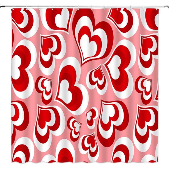 Rideau de Douche de la Saint-Valentin Rouge Rose Cœur d'Amour Romantique Couple Doux Tissu Décoratif Rideaux de Salle de Bain avec Crochets, Blanc Rose Rouge