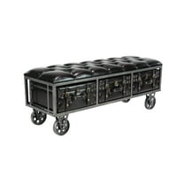 DecMode Faux Leather Tufted Upholstered 3 Trunk Storage Bench with Wheels, Black