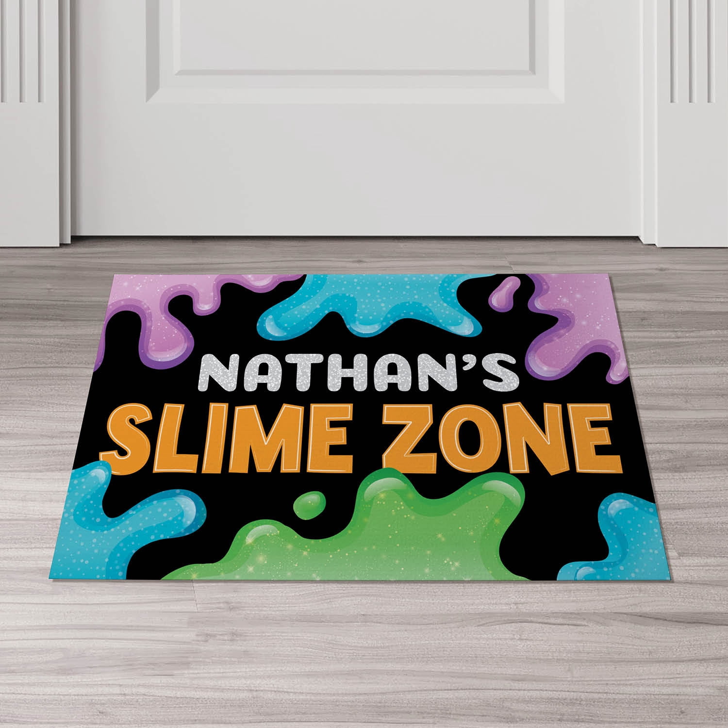 Personalized Planet 27x18 Kids Slime Zone Doormat with Custom Name Printed on Colorful Rectangular 1/8” Thick Non Slip Mat for Kitchen Hallway Deck or Porch