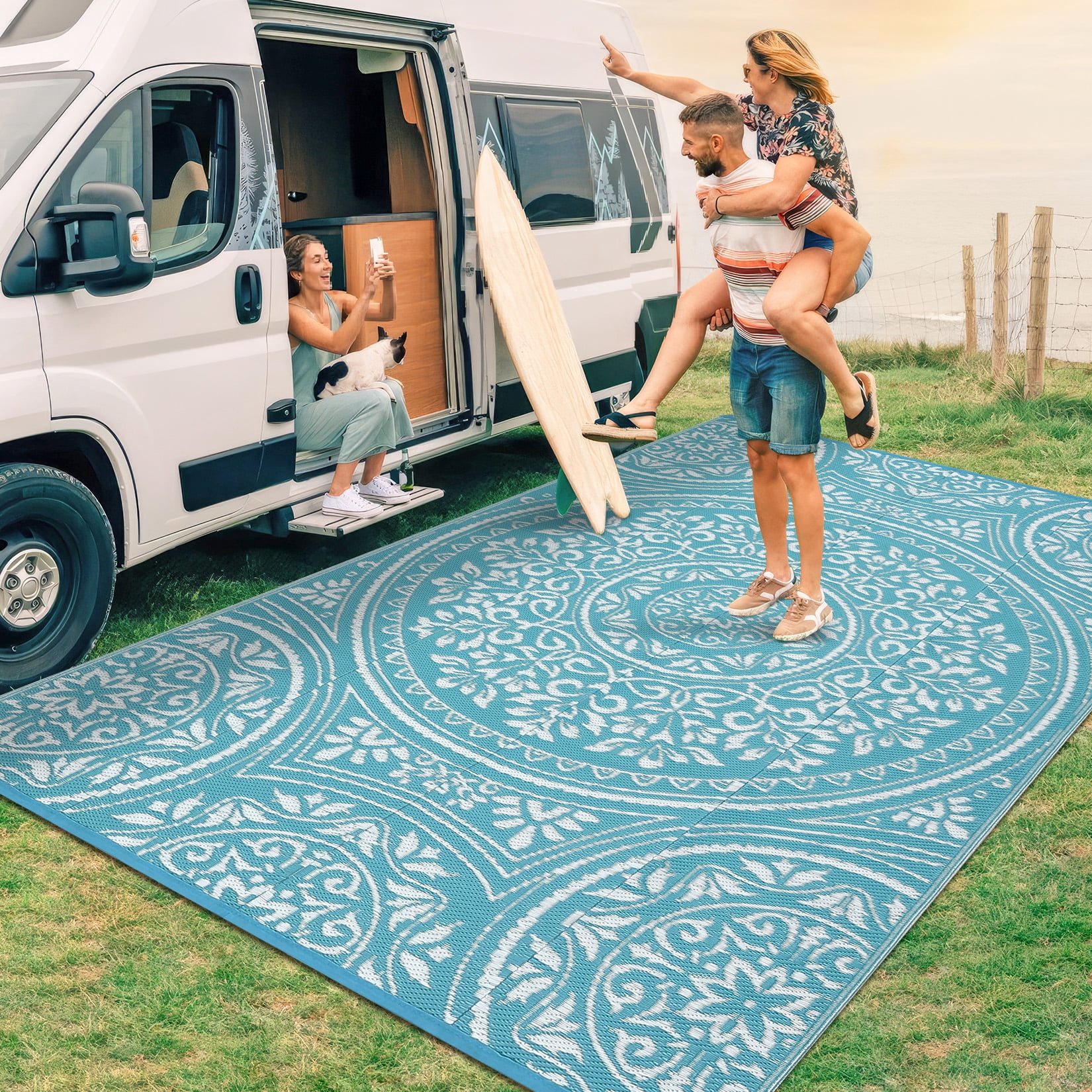 Garvee 8'x10' Waterproof Outdoor Rug Floral Reversible Outdoor Carpet, Plastic Straw Rug Portable RV Picnic Camping Mat for Garden Backyard Deck Balcony, Light Blue