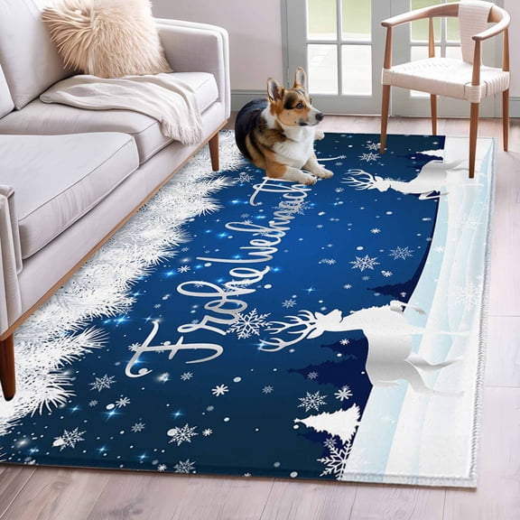 Area Rugs for Living Room Bedroom, Navy Blue Christmas 4'x6' Rug Washable Carpet Runner Indoor Outdoor, Winter Xmas Elk Snowflake Pine Trees Non Slip Accent Floor Mats Rug for Kitchen, Office