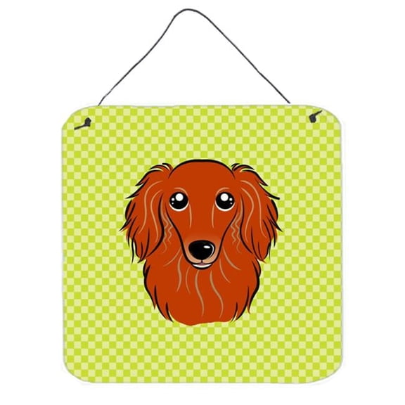 Checkerboard Lime Green Longhair Red Dachshund Aluminum Metal Wall Or Door Hanging Prints, 6 x 6 In.