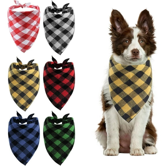 6Pcs Triangle Dog Bandana Plaid Dog Scarf Bulk Washable Pet Bandanas Adjustable Dog Scarf