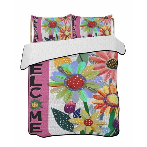 Quilt King Size Bedding Set, Spring Daisy Reversible Summer Quilt 3 Pieces, Pink Modern Abstract Art Dots Floral Lightweight Bedspreads Coverlets with 2 Pillow Shams for All Seasons