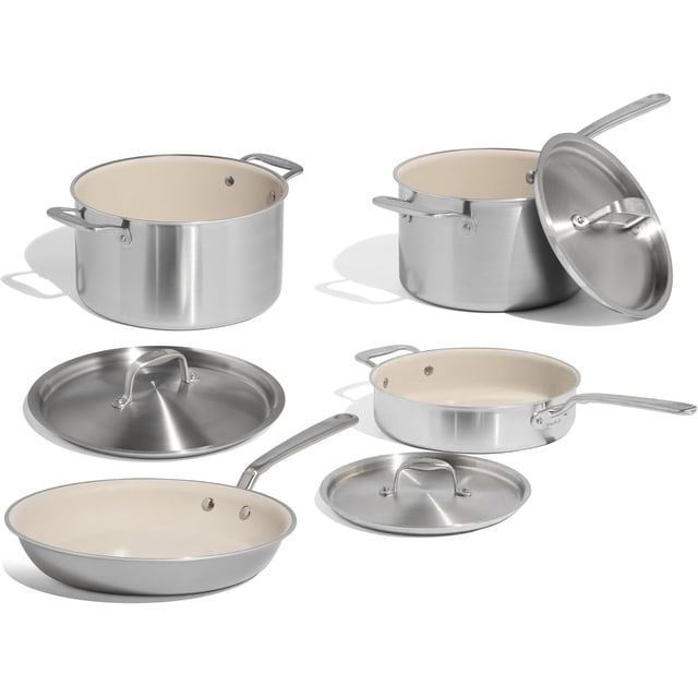 Cookware | 7-Piece Ceramic Non Stick Pot and Pan Set (Stainless Handle) | 5-Ply Stainless Clad | Professional Cookware | Crafted in Italy | Induction Compatible