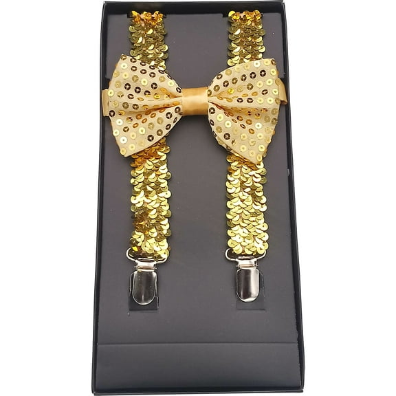 Adult Unisex GOLD SEQUINS Sequined Suspenders and Bow tie Set Adjustable BOXED GIFT SET