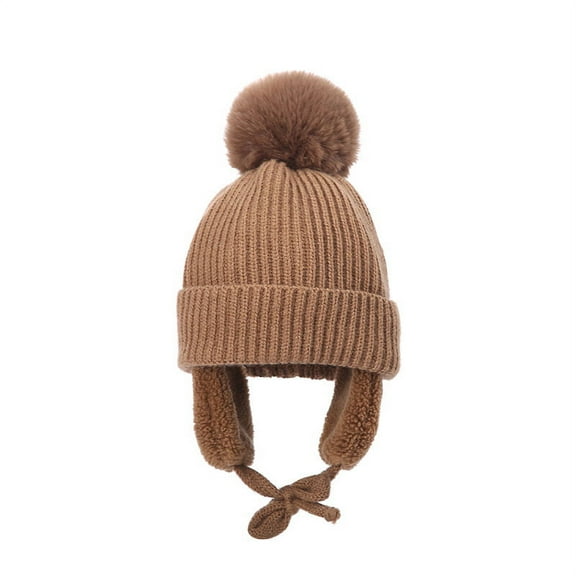 Winter Thick Baby Hat Big Pompom Beanie with Earflap Wool Plush Children Knitted Cap for Girls Boys Warm Kids Accessories 2-8T (Brown,2-8T)