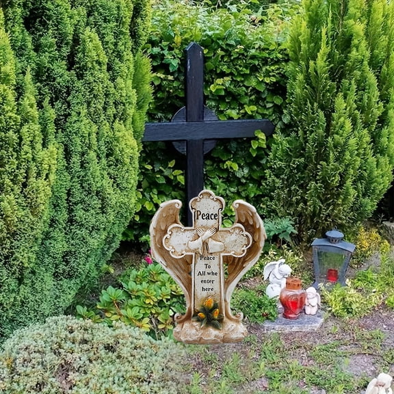SCNOR Easter Cemetery Decoration, Resin Cross with Praying Hands Ornament for Grave Memorial Garden Home Decor, Beige 8x7in Outdoor All Season