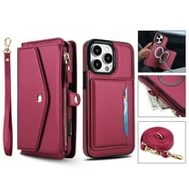 For iPhone 14 Crossbody Wallet Phone Case,Magnetic Detachable Flip,With Shoulder Strap&Wrist Strap,Zipper Pocket,Card&Cash Slots,PU Leather Shockproof Rugged Phone Case,Red