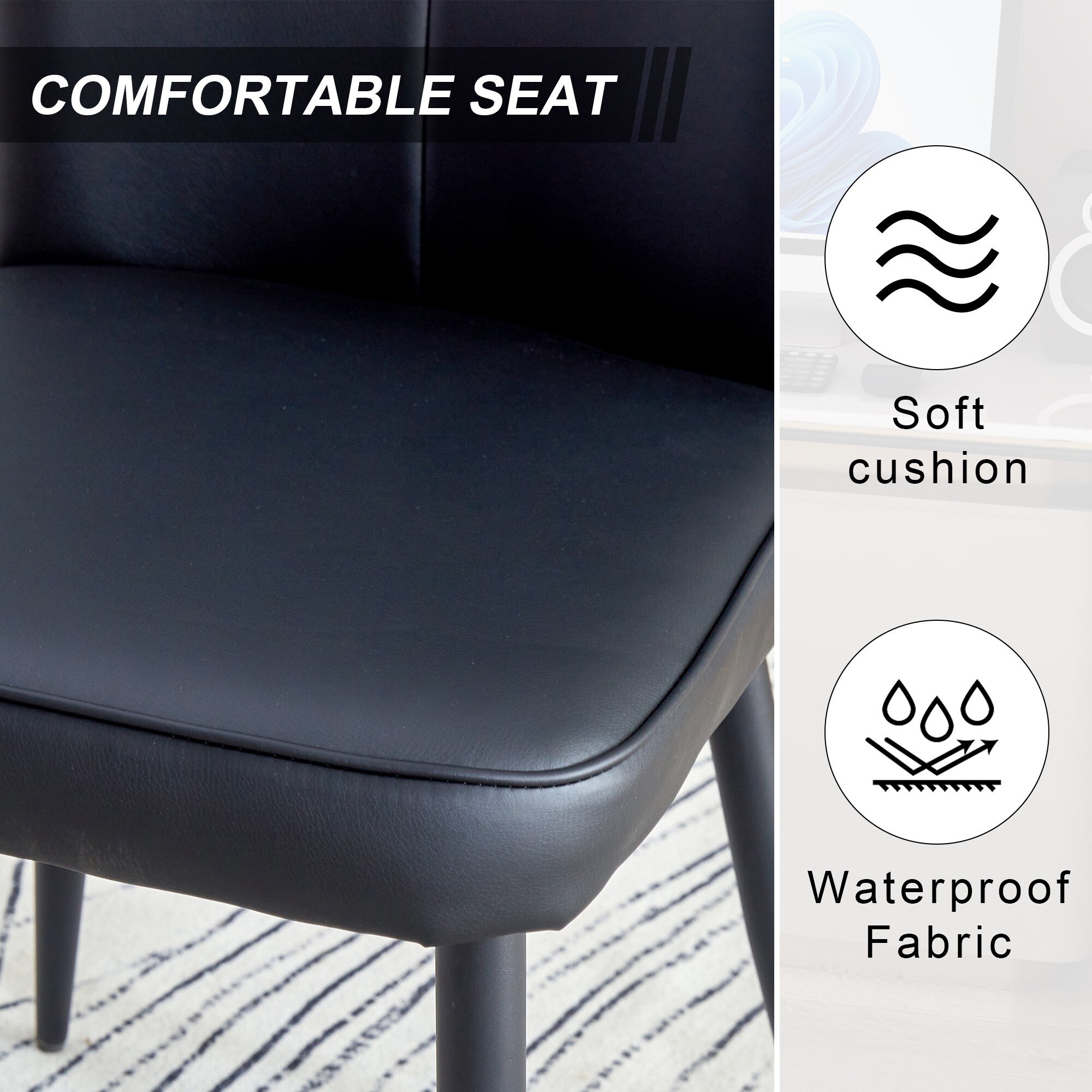 AENKYO Dining Room Chairs Set of 2, PU Leather Upholstered Kitchen Table Chairs with High Back and Metal Legs, Black